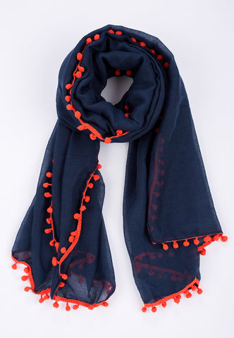 BLUE SCARF WITH ORANGE POM POM TRIM