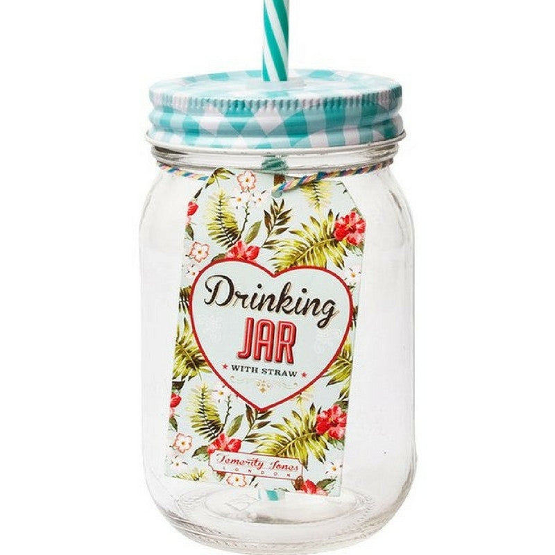 DRINKING JAR WITH BLUE LID AND STRAW