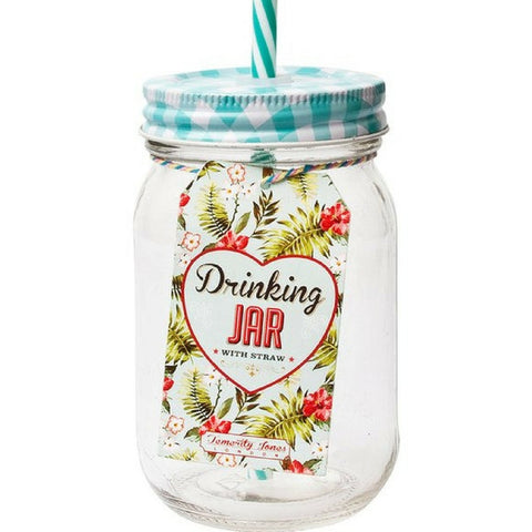 DRINKING JAR WITH BLUE LID AND STRAW