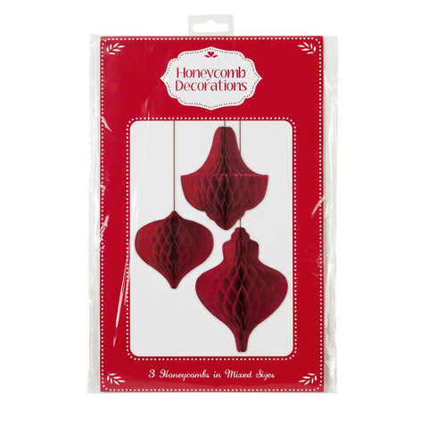 3 Christmas Red Honeycomb Decorations