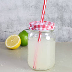 DRINKING JAR WITH RED LID AND STRAW