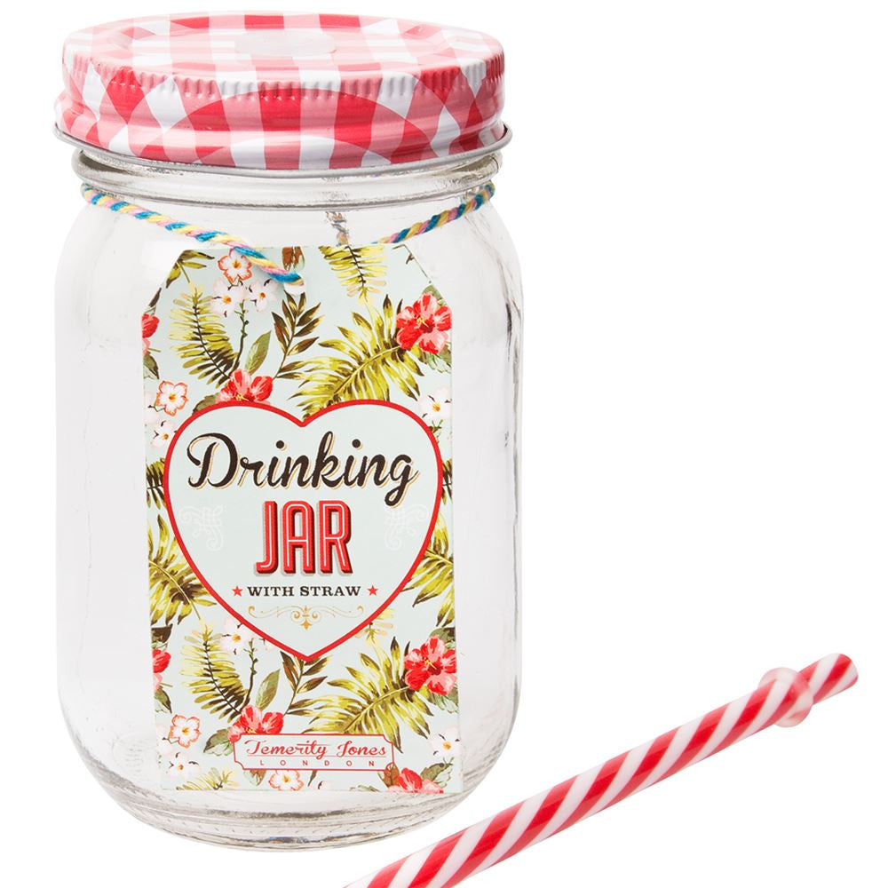 DRINKING JAR WITH RED LID AND STRAW