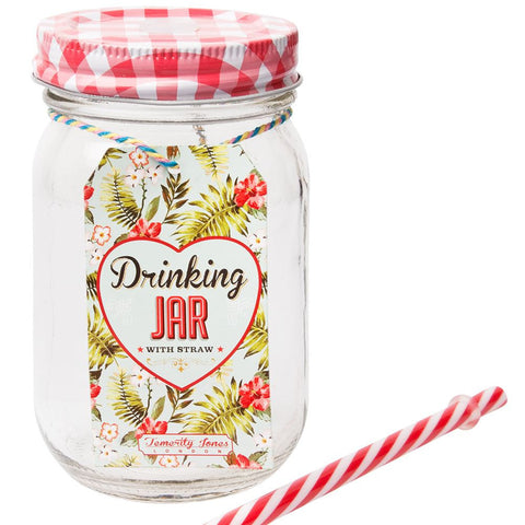 DRINKING JAR WITH RED LID AND STRAW