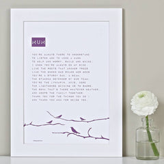 MUM POEM PRINT WITH BIRDS IN PURPLE