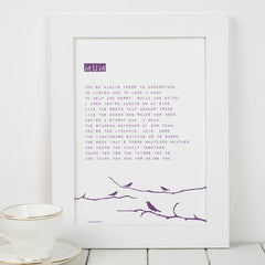 MUM POEM PRINT WITH BIRDS IN PURPLE