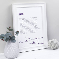 MUM POEM PRINT WITH BIRDS IN PURPLE